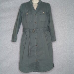 WHBM White House Black Market Military Green Shirt Denim Dress Belted Pockets 10